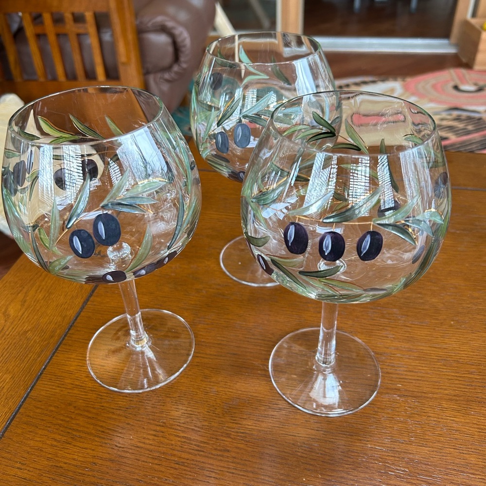Hand-Painted Olive Wine Glasses